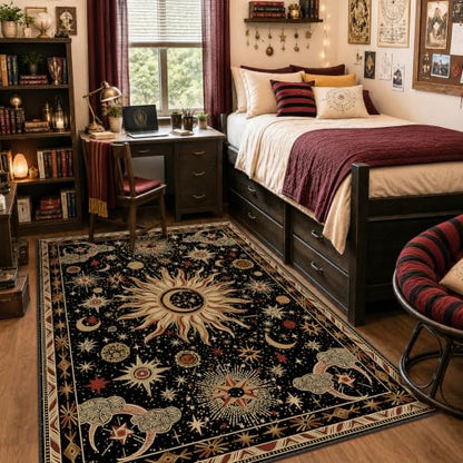 Vacuum-Friendly, 5x7 Washable Area Rug, Black Gold Beige Red | Sun and Moon Boho Gothic Non-Slip Low Pile Living Roon Bedroom Dining Room Kitchen Entry Entryway Entrance Hallway Doormat - color: Black/Gold/Beige/Red, size: 5' x 7' (Rectangular)