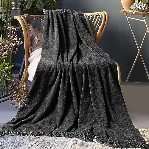 Chenille Throw Blanket for Couch 50" x 60", Dark Grey | Soft Cozy Warm Throws with Fringe Tassel, for Living Room Bed Sofa Chair Cover, Lightweight Knitted Decorative Boho Blankets - color: Dark Grey, size: 50x60 inch