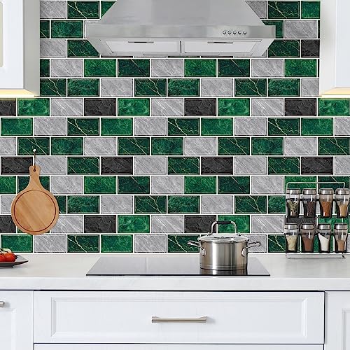 URCOLOR 10-Sheet Peel and Stick Backsplash Tile for Kitchen,12"x12" Self Adhesive Wall Tiles Stick on Back Splashes for Bathroom Green Marble Look - color: Green