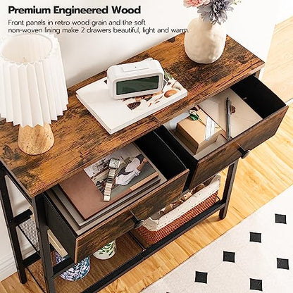 HOOBRO 29.5" Narrow Console Table with 2 Fabric Drawers, Sofa Table, Small Entryway Table with 3-Tier Storage Shelves, Behind Couch Table, for Living Room, Hallway, Rustic Brown and Black BF72XG01 - color: Rustic Brown + Black