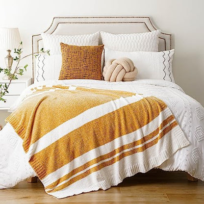 BATTILO HOME Mustard Yellow Throw Blanket for Couch, Soft Chenille Throw Blanket Knit Throw Blankets for Bed, Sofa,Chair, Farmhouse Throw Blankets, Fall Throw Blanket,51"x67" - color: Yellow and White Striped