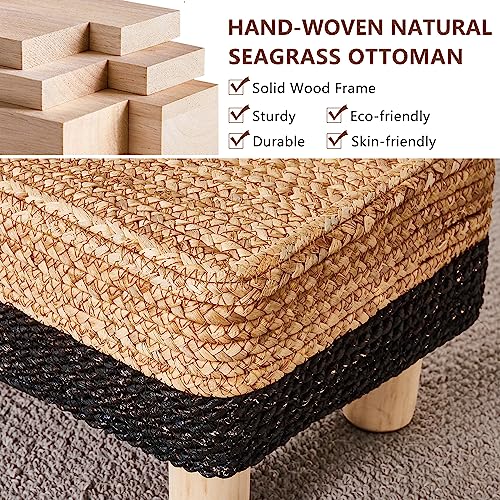 Wimarsbon Natural Seagrass Footstool Ottoman Rectangular Footrest Pouf Ottomans with Wooden Legs Hand Weave Step Stool for Living Room Bedroom Entryway Black - color: Black, size: 12"D x 16.5"W x 9.5"H