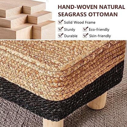 Wimarsbon Natural Seagrass Footstool Ottoman Rectangular Footrest Pouf Ottomans with Wooden Legs Hand Weave Step Stool for Living Room Bedroom Entryway Black - color: Black, size: 12"D x 16.5"W x 9.5"H