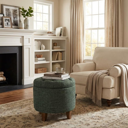 HomePop 19" Button Tufted Round Storage Ottoman - Green Clover Fabric - color: Green Clover Fabric