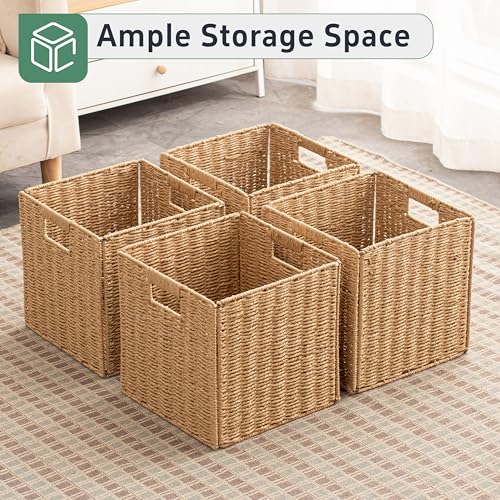 11x11x11 Cube Storage Bins Set of 4, Paper Rope Hand Woven Storage Basket with Handles, Collapsible Square Storage Cubes for Shelves, Wicker Shelf Baskets for Living Room Bedroom Organizing, Natural - size: 11" x 11" x 11" (4 Pack)