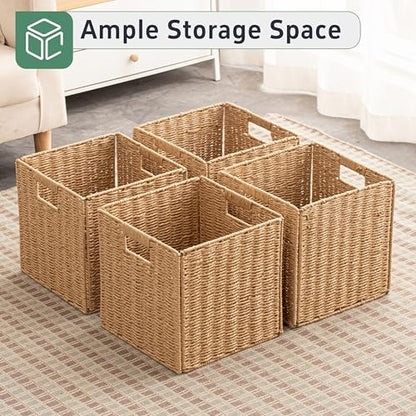 11x11x11 Cube Storage Bins Set of 4, Paper Rope Hand Woven Storage Basket with Handles, Collapsible Square Storage Cubes for Shelves, Wicker Shelf Baskets for Living Room Bedroom Organizing, Natural - size: 11" x 11" x 11" (4 Pack)