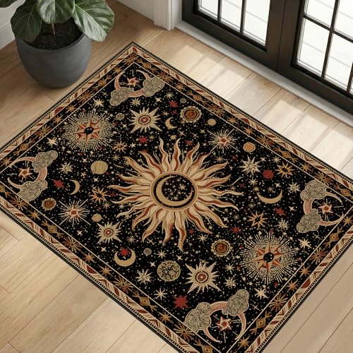 Vacuum-Friendly, 2x3 Washable Area Rug, Black Gold Beige Red | Sun and Moon Boho Gothic Non-Slip Low Pile Living Roon Bedroom Dining Room Kitchen Entry Entryway Entrance Hallway Doormat - color: Black/Gold/Beige/Red, size: 2' x 3' (Rectangular)