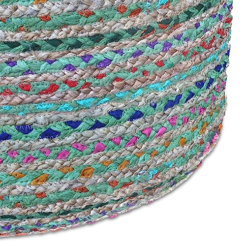 SIMPLIHOME Morden 18" Wide Square Pouf in Camel Brown Genuine Leather | Boho footstool, braided pouf, extra seating for living room or bedroom with polystyrene bead filling, assembled; accent seat. - color: Multi-green, style: Pouf
