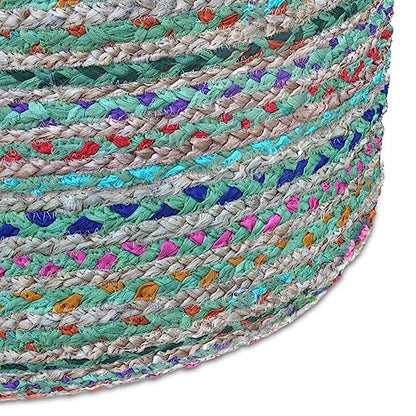 SIMPLIHOME Morden 18" Wide Square Pouf in Camel Brown Genuine Leather | Boho footstool, braided pouf, extra seating for living room or bedroom with polystyrene bead filling, assembled; accent seat. - color: Multi-green, style: Pouf