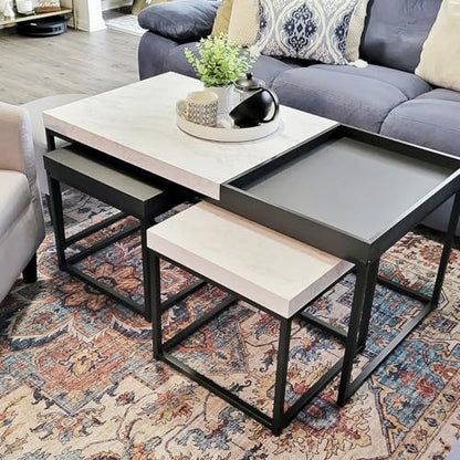 MAISON ARTS Nesting Coffee Table Set of 3, Marble White and Black | Rectangle Center Table, Morden Living Room Coffee Table and End Table Sets for Home Indoor Use - color: Marble White&black