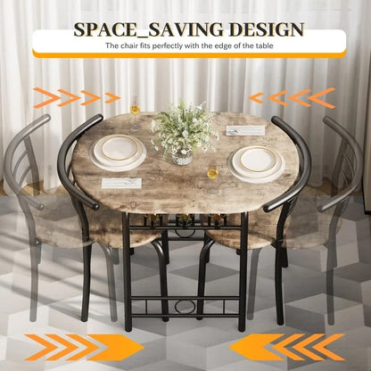 Shahoo 3-Piece Dining Table Set for 2, Kitchen Breakfast Nook Set, Walnut | 2 Chairs & Round Tabletop, Space Saving Wooden Furniture Metal Frame and Built-in Wine Rack - color: Walnut