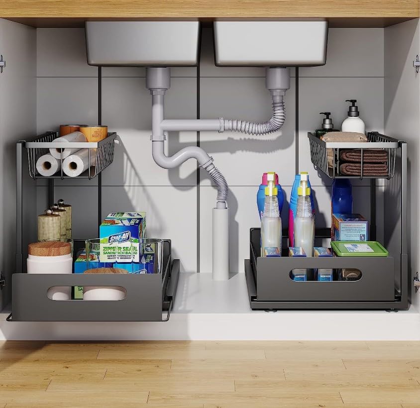Highline Supply Under Sink Organizer, Kitchen Pantry Bathroom Organization | 2-Pack Organizer, Sliding Pull-Out Cabinet Organizing Rack, Metal Made for Durability, Black