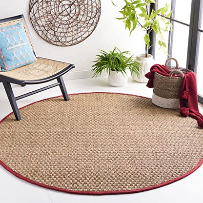SAFAVIEH Area Rug 3' Round - Natural Fiber Collection - Natural & Red, Seagrass, Basketweave Pattern with Border (NF114D) - color: Natural/Burgundy Red, size: 3' (Round)