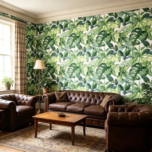 Tropical Green Leaf Watercolor Monstera Plant Peel and Stick | self adhesive Wallpaper - 96''x32'' - color: X11, size: 32" x 96"