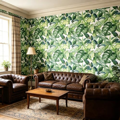 Tropical Green Leaf Watercolor Monstera Plant Peel and Stick | self adhesive Wallpaper - 96''x32'' - color: X11, size: 32" x 96"