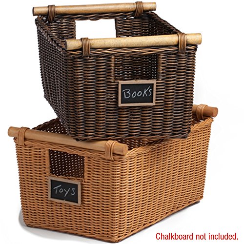 The Basket Lady Pole Handle Wicker Storage Basket, S, Walnut Brown | Outside: 14" L x 10" W x 7.5" H | Inside: 12"L x 8.5"W x 7"H - Handcrafted by artisans from natural rattan - color: Antique Walnut Brown, size: Small