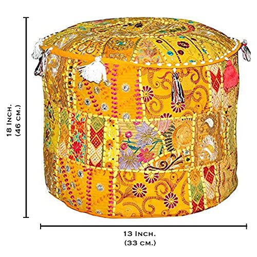Indian Pouf Footstool, Ethnic Embroidered Pouf Cover - Cotton Round Ottoman - Yellow, 18x13 - color: Yellow, size: 13"D x 13"W x 18"H