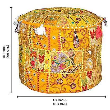 Indian Pouf Footstool, Ethnic Embroidered Pouf Cover - Cotton Round Ottoman - Yellow, 18x13 - color: Yellow, size: 13"D x 13"W x 18"H
