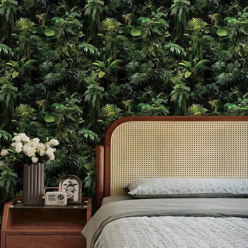 FunStick 17.5"x354" Green Tropical Peel and Stick Wallpaper Dark Jungle Forest Leaves Wall Paper Renter Friendly Wallpaper Kitchen Cabinet Contact Paper Black Self Adhesive Vinyl Wallpapers for Walls - size: 17.5" x 354"