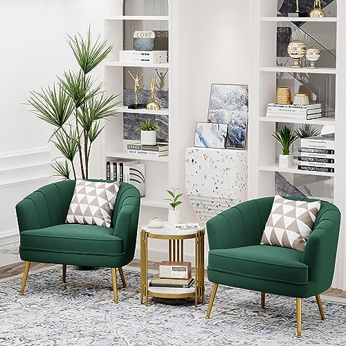 Velvet Accent Chair, Barrel Armchair, Green | Velvet Upholstery, Golden Metal Legs, Comfy Barrel Back, Modern Style, Living Room Bedroom Office - color: Green, size: 1 Chair