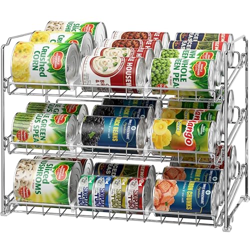 Simple Houseware 3-Tier Stackable Can Organizer Rack Hold 36 Cans, Chrome | Can Food Storage Dispenser for Pantry/Cabinet, Adjustable Dividers – 11.5" D x 17" W x 13.75" H - color: Chrome
