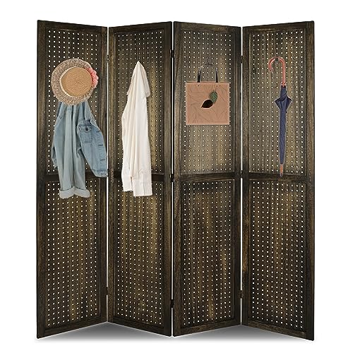 4 Panel Pegboard Room Divider | Folding Freestanding Display Screen, Privacy Partition for Retail, Craft Shows, Home Office, and Exhibition Use Dark Brown - color: Dark Brown-4 Panel, size: 4 Panel