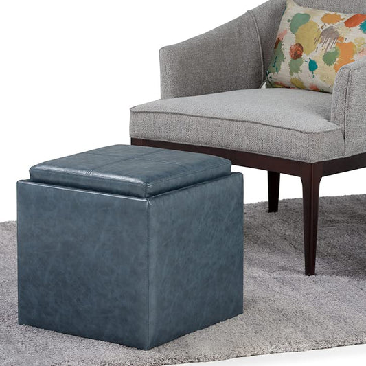 SIMPLIHOME Shay 34" Wide Vegan Leather Storage Ottoman in Saddle Brown | Contemporary ottoman with flip-over tray top and hidden storage; cube storage bench for living room or bedroom. - color: Denim Blue