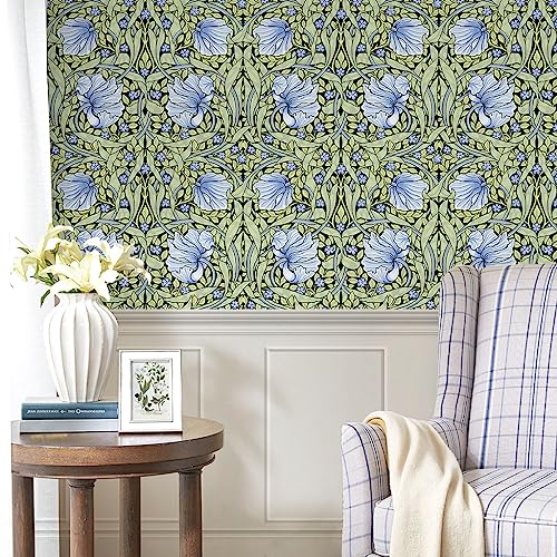 HAOKHOME William Morris Peel and Stick Wallpaper Floral Blue Wall Paper | Textured Renter Friendly Removable Wall Paper Vintage Botanical Vine Bathroom Bedroom Stick on Contact Paper 17.3in x 9.8ft - color: Green/Blue, size: S: 17.3in x 9.8ft
