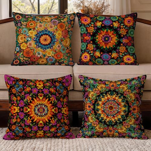 OBSEDE Boho Floral Mandala Decorative Throw Pillow Covers 18 x 18 Set of 4 | Faux Linen, Hidden Zipper, Vibrant Artistic Print, Vintage Floral, Sofa Living Room Home Decor, Fade Resistant, Single Side - color: Classic Mandala Bloom Pattern, size: 18" x 18