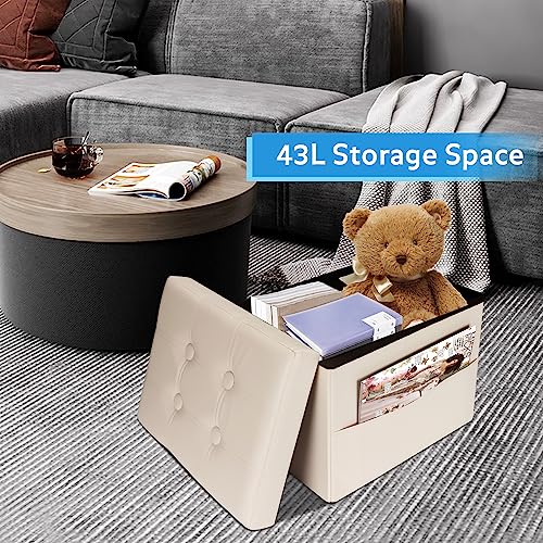 Ottoman with Storage,17 Inch Leather Folding Foot Rest Stool,Beige | Small Ottoman with Side Pockets, Thicker Foam Padded Seat, 17 * 13 * 13 Inch, Livingroom, Dorm, Bedroom, Entryway - color: Beige