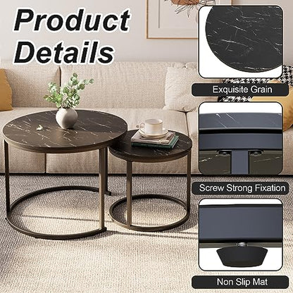 aboxoo Round Nesting Coffee Table Side Set of 2 End Tables for Living Room Bedroom Balcony,Black Faux Marble Wooden Table 23.6IN Accent Large Coffee Table with Steel Frame - color: Black Marble
