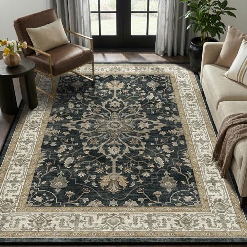 RELEANY Washable Vacuum-Friendly Area Rugs 5'x7' Black/Vintage | Low Pile Stain-Resistant, Soft Non-Slip, Floral Vintage Distress Print Pattern Medallion, for Living Room Bedroom Hallway - color: Black/Vintage, size: 5' x 7' (Rectangular)