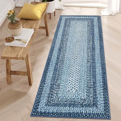 Braided Print Runner Rug 2x8 Machine Washable Hallway Runner Rugs | Entryway Long Throw Carpet Non Slip Kitchen Mat Living Room Rustic Carpet for Bedroom Dining Room, Blue - color: Blue, size: 2' x 8' (Runner)