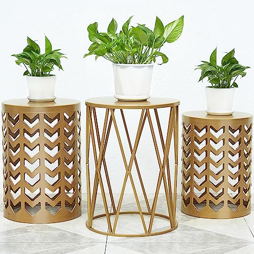Nesting Side Table Set of 3 Decorative Round Garden Stools for Indoor Outdoor Heavy Duty Metal Frame Side Table Nightstands Modern End Table Plant Stand, Glossy Golden - color: Classic Golden