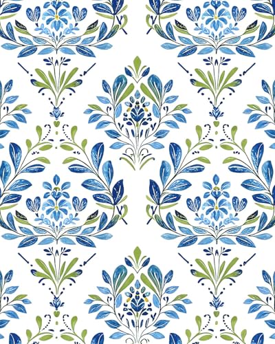 BOKEBEVE Boho Floral Peel and Stick Wallpaper Blue White 17.5 x 393.5In | Extra Long Leaf Contact Paper Modern Wall Paper for Bedroom Accent Walls Laundry Nursery Pantry Renter Friendly Removable - color: Blue/White, size: 17.5" x 393.5"