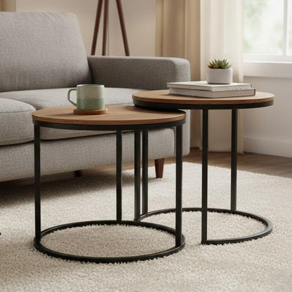 Nesting Side Tables, Coffee Table Set of 2 with Sturdy Metal Frame, Modern Industrial Simple Nightstand for Living Room Bedroom Apartment (Walnut) - color: Walnut