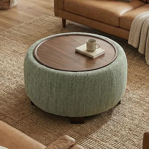 VKNOW 30" Round Storage Ottoman, Ottoman Coffee Table with Removable Wood Top and Solid Wood Legs for Living Room, Bedroom, Apartments(Green) - color: Green