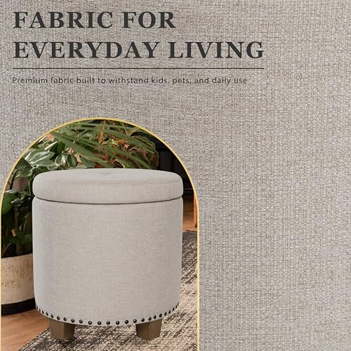 HomePop 18.5" Round Storage Ottoman with Nailheads - Light Brown Fabric - color: Light Brown Fabric