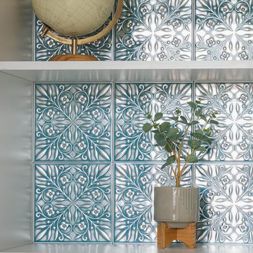 Peel and Stick Metal Tiles, Teal & Silver Leaves, 10-Pack | 8 x 8 in tile size; Covers up to 4.44 sq ft; Aluminum; Water-resistant surface; For kitchens, ceilings, DIY projects - style: Teal and Silver Leaves