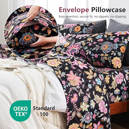Bedlifes Floral Pattern Bed Sheet Set Twin Size, 16" Deep Pocket 3-Piece | Ultra Soft Microfiber, Breathable & Silky, OEKO-TEX Certified, Easy-Care Machine Washable, 3-Piece, All-Season Spring Bedding - color: Black Yellow, size: Twin