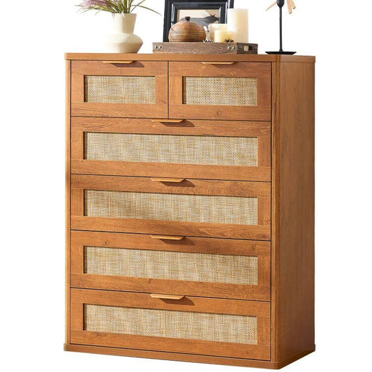 LEYAOYAO Rattan Dresser for Bedroom, 41" Tall Chest of Drawers | Gold Metal Handle, Brown Modern 6 Drawers Boho Dressers with Storage for Living Room, Hallway - color: Tea Brown, size: 15.5"D x 31.5"W x 41"H (6 Drawers)
