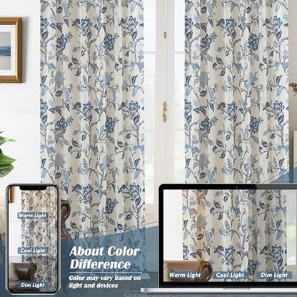 DriftAway Ada Floral Botanical Print Flower Leaf Lined Thermal Insulated Room Darkening Linen Blend 100% Blackout Back Tab Window Curtains 2 Layers Set of 2 Panels Each 52 Inch by 72 Inch Navy - color: Navy-back Tab, size: 52"W x 72"L (Pack of 2)