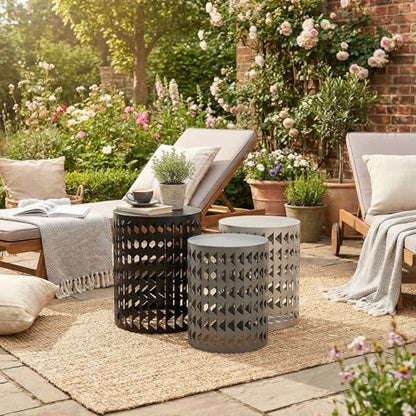 Round Coffee End Tables Set of 3 for Home Office Indoor Garden Outdoor | ZOMEYLPO Multifunctional Nesting Outdoor Side Table,Modern Furniture Nightstands Decor Side Tables Stand Metal Black Gray