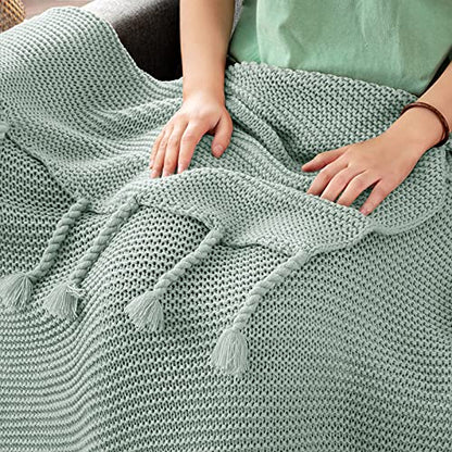 RUDONG M Knitted Throw Blanket with Fringe, Sage Green Knit Throw Blanket for Couch Bed Sofa 50 x 60 Inch - color: Sage Green, size: Throw(50" x 60")