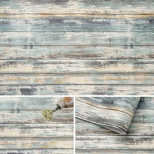 Arthome Blue Rustic Wood Paper 17''x240'' Self-Adhesive Removable Peel and Stick Wallpaper Vinyl Decorative Wood Plank Film Vintage Wall Covering for Furniture Easy to Clean Wooden Grain Paper - color: Blue Wood, size: 17" x 240"