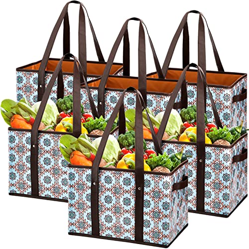 Foraineam Reusable Grocery Bags Set Durable Heavy Duty Tote Bag Collapsible Grocery Shopping Box Bag with Reinforced Bottom - color: Magic Geometric / 6 Pack