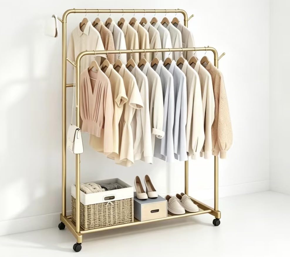 AT-VALY Double Rods Clothes Rack, Sturdy Metal Garment Rack with Wheels, Portable Wardrobe Rack with Bottom Shelf & Side Hooks, Heavy Duty Coat Hanger Stand for Bedroom, Laundry, Living Room,Gold