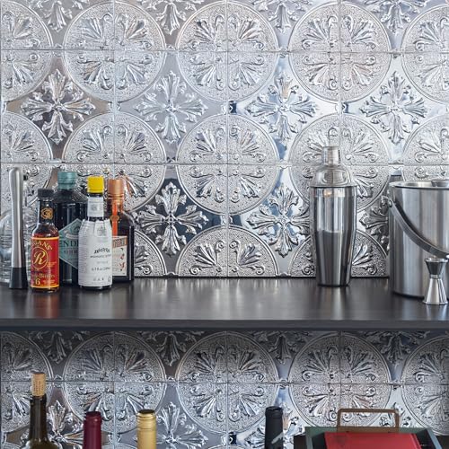 Peel and Stick Metal Backsplash Tiles, Silver Fleur, 10-Pack | 8 x 8 in tile size; Covers up to 4.44 sq ft; Aluminum; Water-resistant surface; For kitchens, ceilings, DIY projects - style: Silver Fleur