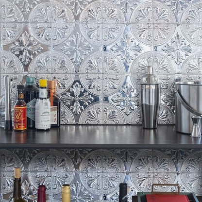 Peel and Stick Metal Backsplash Tiles, Silver Fleur, 10-Pack | 8 x 8 in tile size; Covers up to 4.44 sq ft; Aluminum; Water-resistant surface; For kitchens, ceilings, DIY projects - style: Silver Fleur