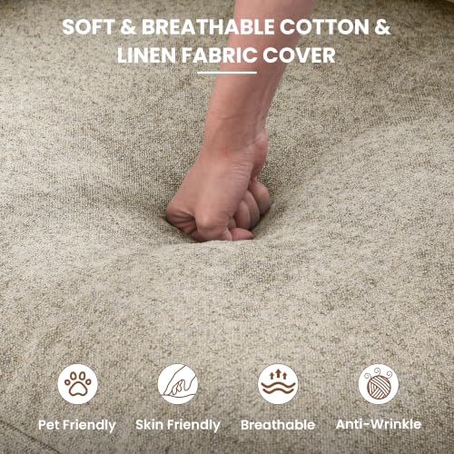 118" Cloud Modular Sofa, Convertible Modular 3 Seater Couch, Cotton Linen Fabric Sofa for Living Room, Apartment and Bedroom, Removable Covers, 2 Pillows, Khaki - color: Khaki, size: 3-Seater